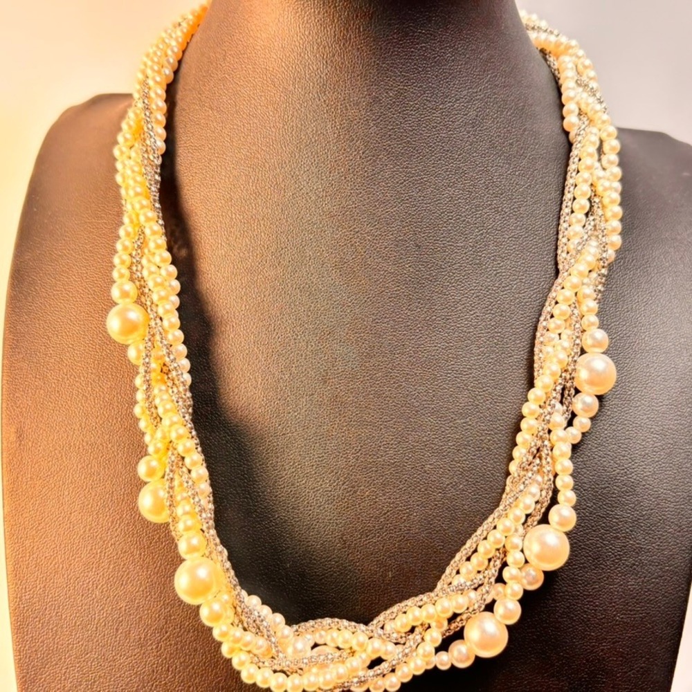 Multi Strand Faux Pearl Necklace Silver Tone‎ Chain Statement Boho Chic